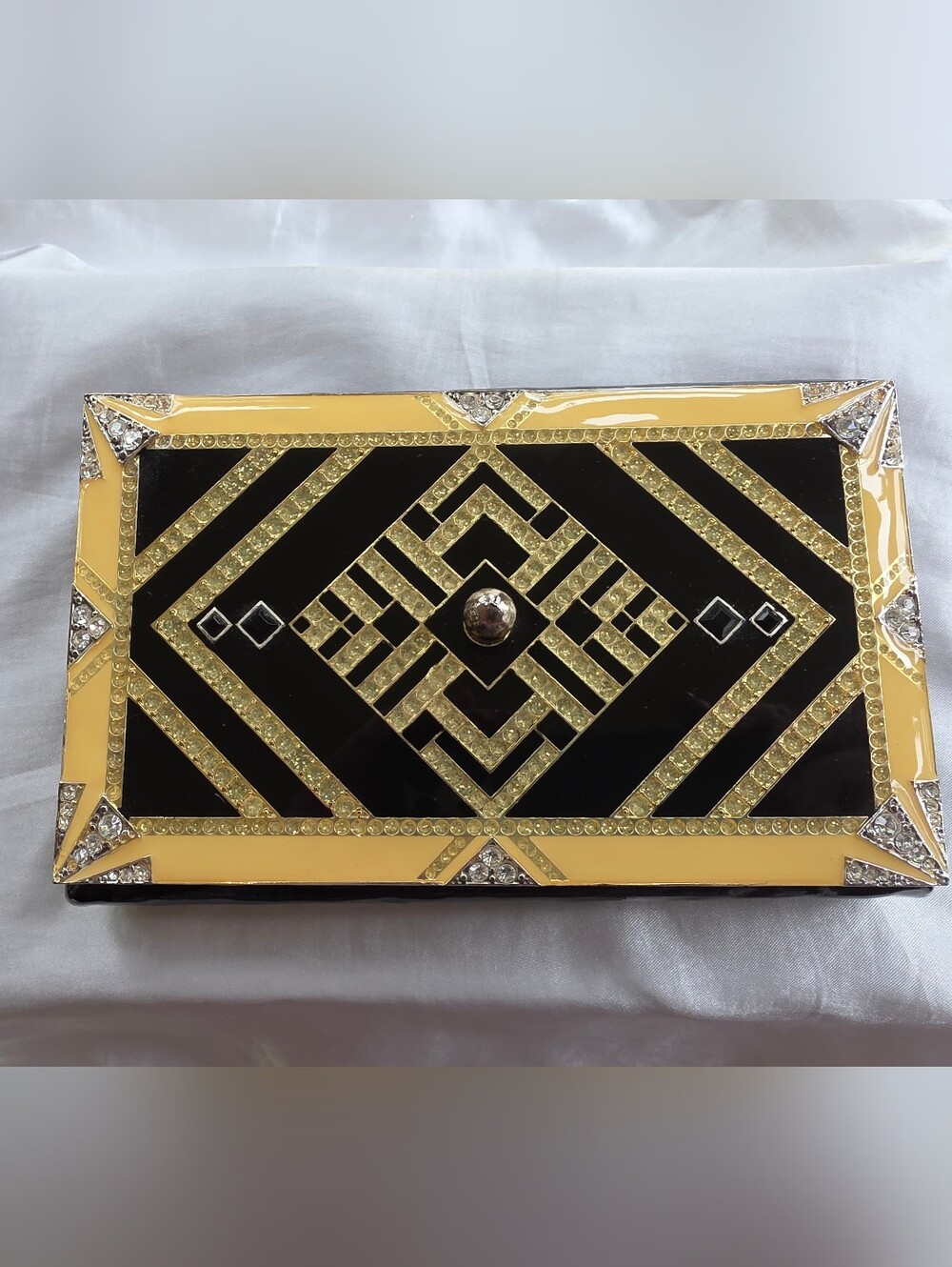 🔥Art Deco Inspired Black & Yellow Jeweled Case With Mirrored Inside Bottom